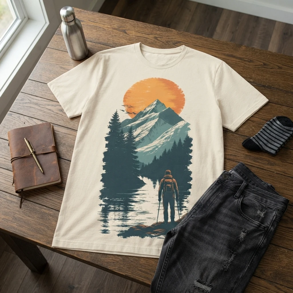 Graphic Printed Tee – Sun and Mountains Flatlay